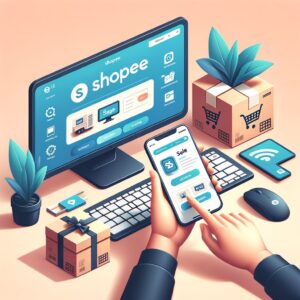 Persona usando laptop para vender productos como afiliado Shopee con gráficos de ventas en pantalla